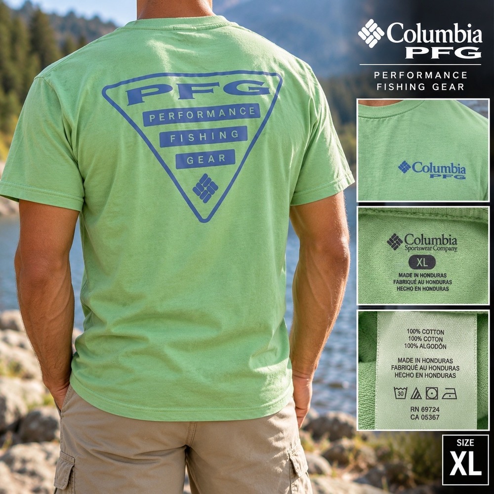 Columbia PFG Mens XL Green Short Sleeve Performance Fishing Gear Graphic T-Shirt